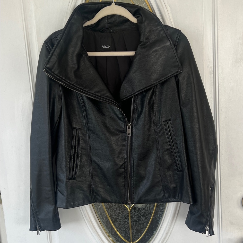 Vera Wang  Black Vegan Leather Moto Jacket